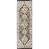 Dalyn Indoor/Outdoor Jericho JC9 Midnight Area Rug. Runner rug with diamond pattern in black, gold, and taupe.