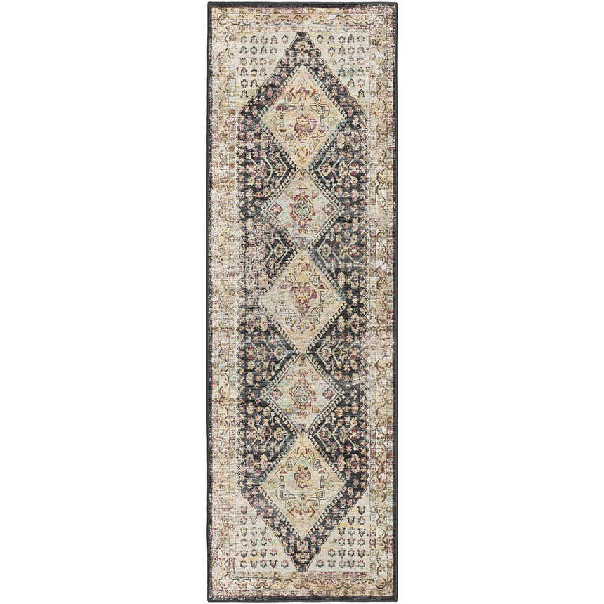 Dalyn Indoor/Outdoor Jericho JC9 Midnight Area Rug. Runner rug with diamond pattern in black, gold, and taupe.