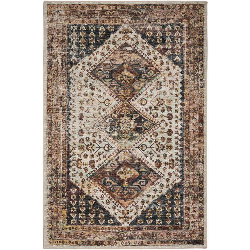 Detailed view of the Dalyn Indoor/Outdoor Jericho JC9 Putty Area Rug with a traditional diamond and floral pattern. Brown, gold, and putty colors.