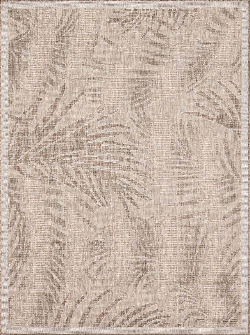 Close-up of the Jens Area Rug featuring a neutral tan color and subtle tropical leaf pattern. Design-Rectangle