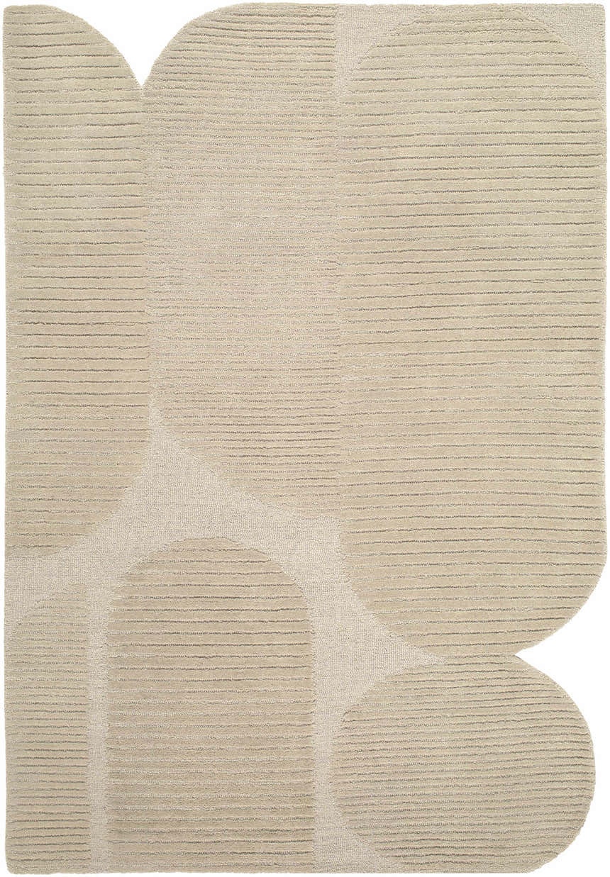 Close-up of the Ecrru Abstract Modern Hand Tufted Wool Area Rug featuring geometric shapes and horizontal lines. Design-Rectangle-576