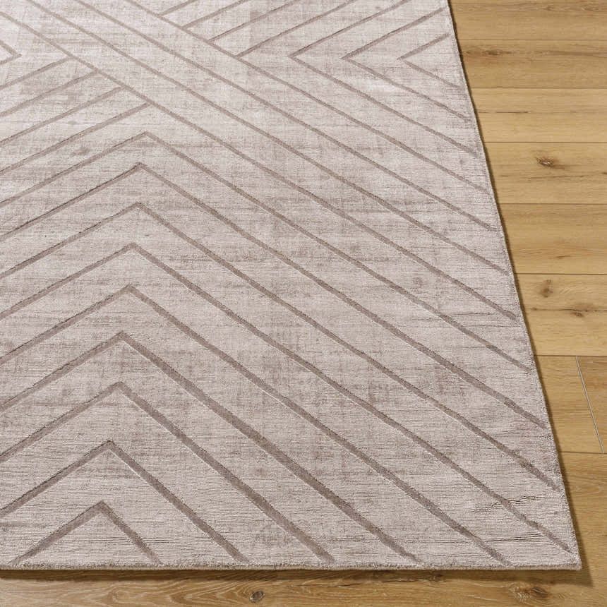 Close-up of Tavran Taupe rug showing its subtle linear texture and viscose material on light hardwood flooring. Front