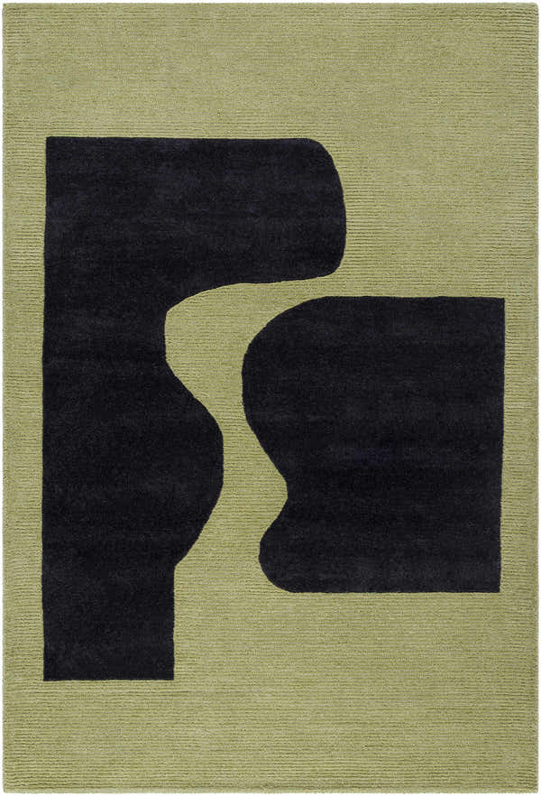 Arvok Olive Green Rug with charcoal block design. Art Deco wool rug, hand-tufted texture. Contemporary style. Design-Rectangle-576