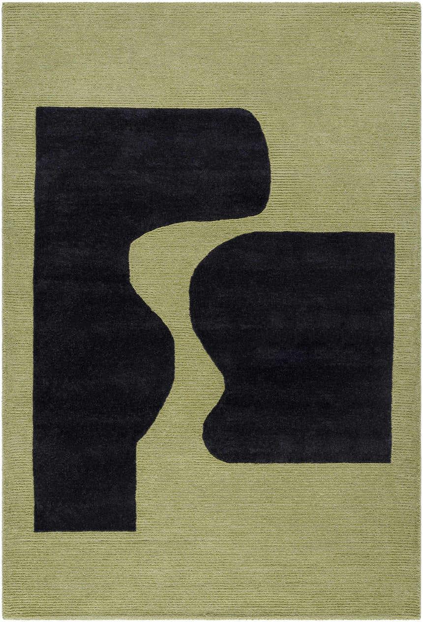Arvok Olive Green Rug with charcoal block design. Art Deco wool rug, hand-tufted texture. Contemporary style. Design-Rectangle-576