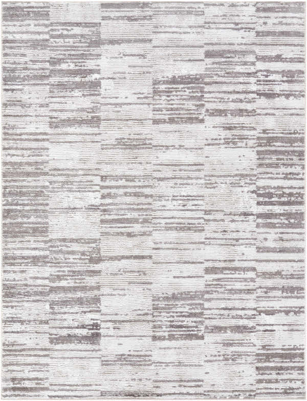 Close-up of the Apphia Area Rug. Contemporary design with ivory and light brown horizontal stripes and geometric pattern. Design-Rectangle-537