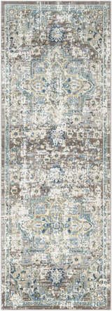 Close-up of the Cabacungan Gray & Blue Washable Area Rug, featuring a vintage, distressed oriental pattern in blue, gray, and cream. Design-Runner-2773