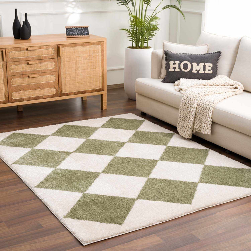 Arilla Green Washable Diamond Area Rug