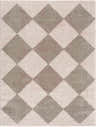 Close-up of the Arilla Gray Washable Area Rug. Features a diamond pattern in medium gray and peach hues. Contemporary style. Design-Rectangle-537