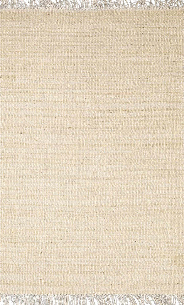 Close-up of the Iantha Jute Rug. Hand-woven rug in bleached jute, ivory, and natural jute colors with fringe detail. Design-Rectangle-46