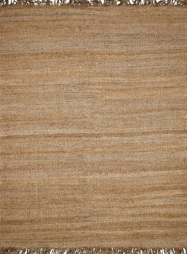 Close-up of the beige, hand-woven Oaks Perfect Flatweave Jute Rug showing natural fiber texture and fringe. Design-Rectangle