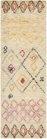 Close-up of the Annica Area Rug. Hand-tufted wool rug with beige, blush, charcoal, mustard, and slate blue geometric patterns. Design-Runner-268