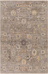 Detailed view of the hand-knotted Kajiado Area Rug in charcoal, cream, dusty coral, pale blue, and wheat. Design-Rectangle-69