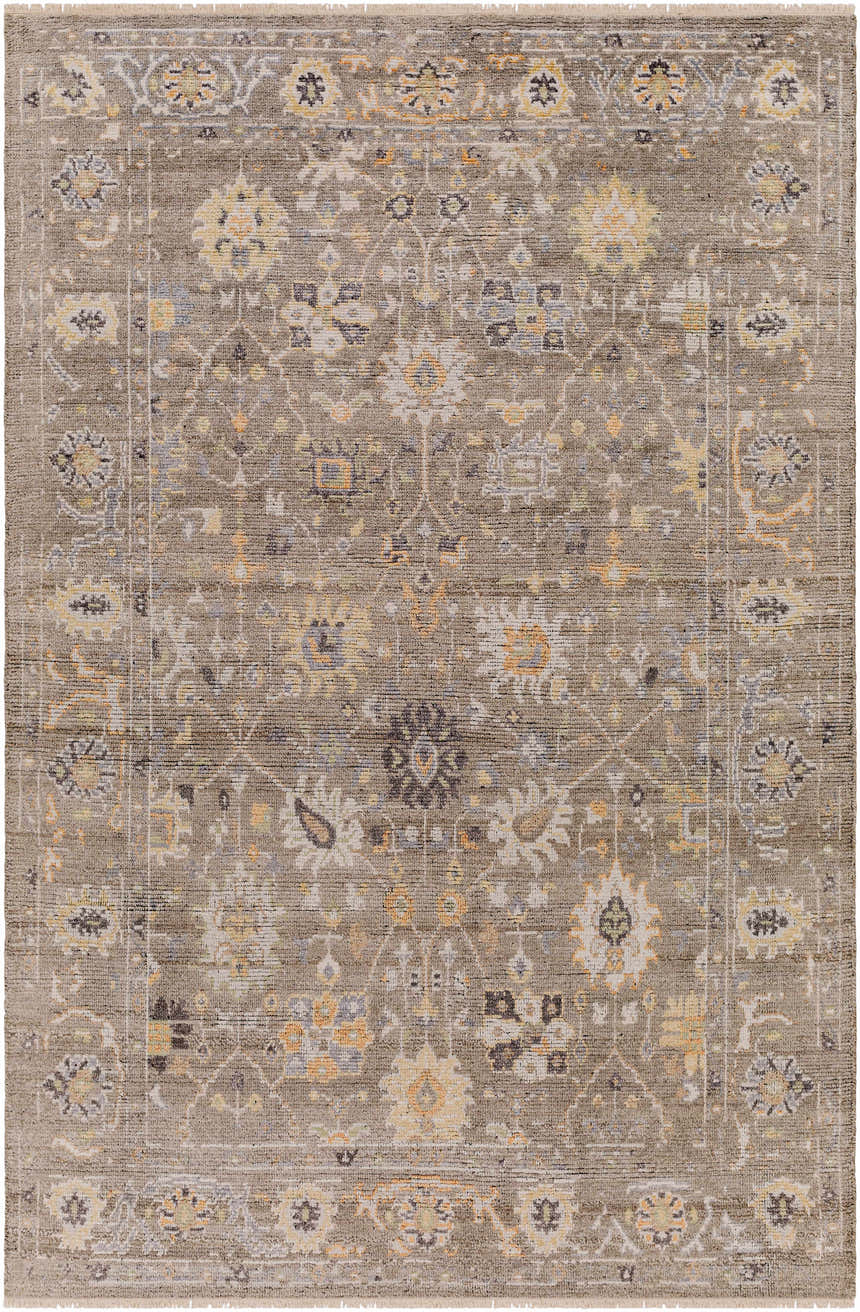 Detailed view of the hand-knotted Kajiado Area Rug in charcoal, cream, dusty coral, pale blue, and wheat. Design-Rectangle-69