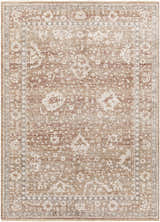 Close-up of the Kaongkod Area Rug - Clearance. Features a traditional floral pattern in dusty pink, ivory, and brown tones. Design-Rectangle-537