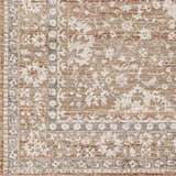 Close-up of the Kaongkod Area Rug. Traditional oriental rug pattern in dusty pink, ivory, medium brown, and sage hues. Swatch
