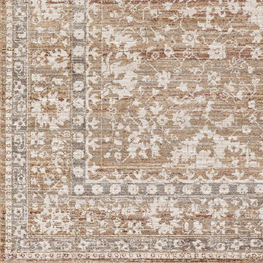 Close-up of the Kaongkod Area Rug. Traditional oriental rug pattern in dusty pink, ivory, medium brown, and sage hues. Swatch