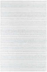 Close-up of the hand woven Kendi Cream Area Rug; a farmhouse style rug with cream, light slate, and black horizontal stripes. Design-Rectangle-576