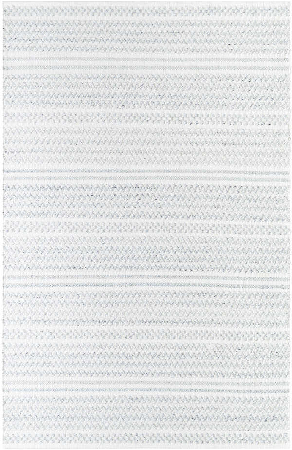 Close-up of the hand woven Kendi Cream Area Rug; a farmhouse style rug with cream, light slate, and black horizontal stripes. Design-Rectangle-576