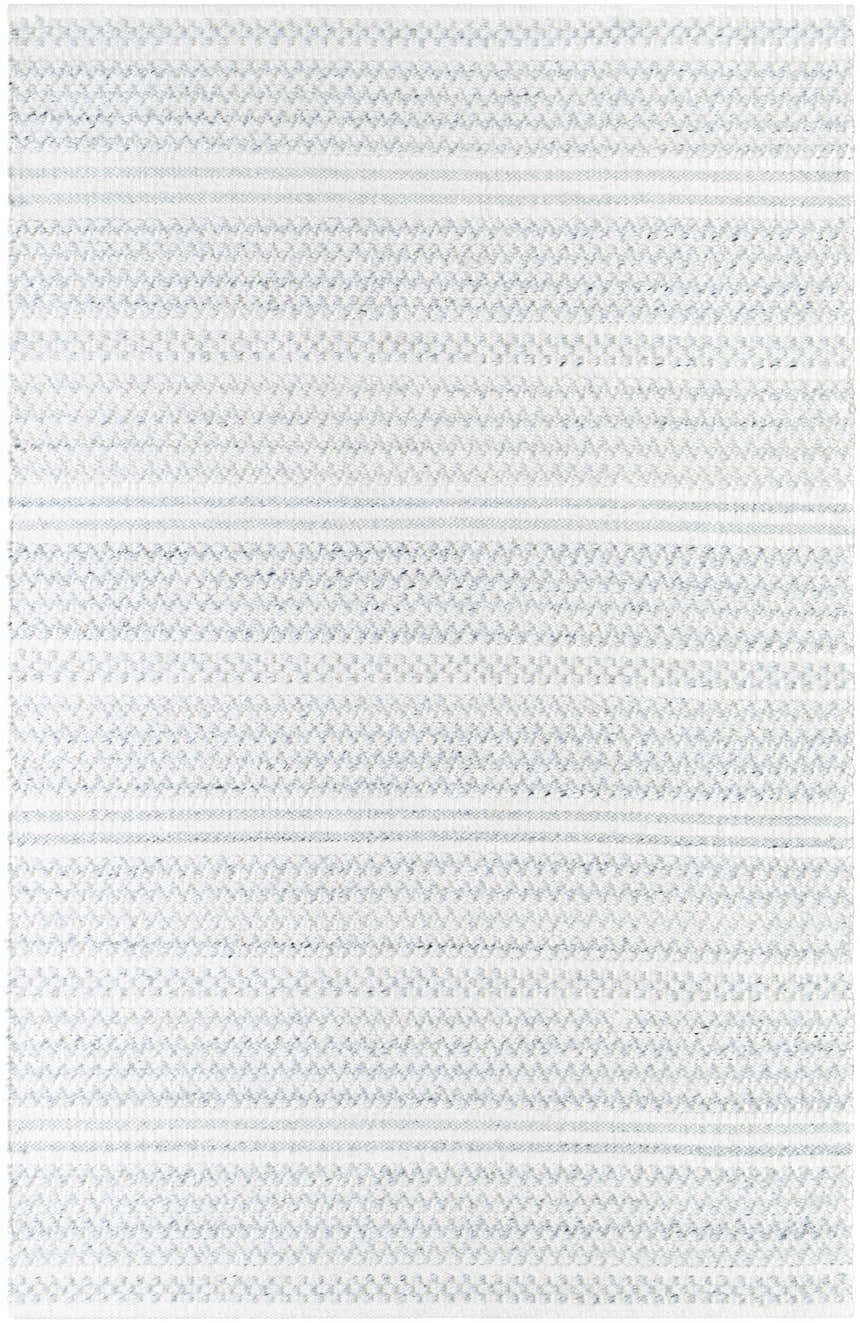 Close-up of the hand woven Kendi Cream Area Rug; a farmhouse style rug with cream, light slate, and black horizontal stripes. Design-Rectangle-576