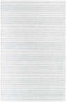 Close-up of the hand woven Kendi Cream Area Rug; a farmhouse style rug with cream, light slate, and black horizontal stripes. Design-Rectangle-576