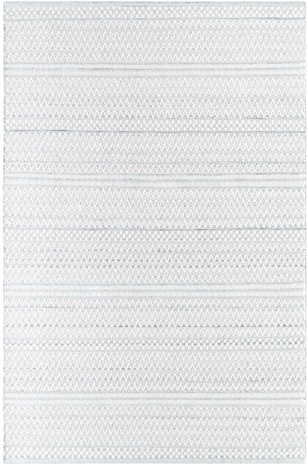 Close-up of the Kendi Wool Rug. Hand-woven rug with charcoal, cream, and light slate stripes and a subtle geometric pattern. Design-Rectangle-576