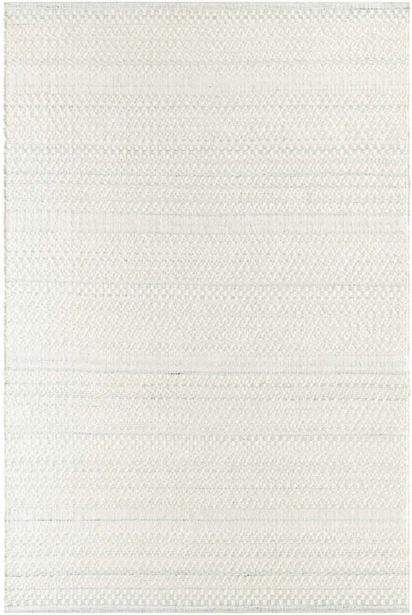 Close-up of the Kendi Light Slate Area Rug, a hand-woven wool rug with cream and light slate horizontal pattern. Design-Rectangle-576
