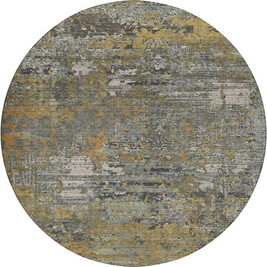 Close-up of round Dalyn Luxury Kochi KC12 gray area rug. Abstract design with chestnut, peach, and taupe colors.