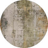 Close-up of round Dalyn Luxury Kochi KC14 Putty Area Rug. Beige, green, olive, and taupe distressed pattern.