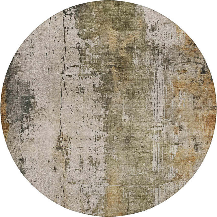 Close-up of round Dalyn Luxury Kochi KC14 Putty Area Rug. Beige, green, olive, and taupe distressed pattern.