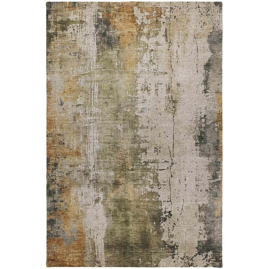 Close-up of the Dalyn Luxury Indoor/Outdoor Kochi KC14 Putty Area Rug, featuring beige, green, and putty distressed pattern.