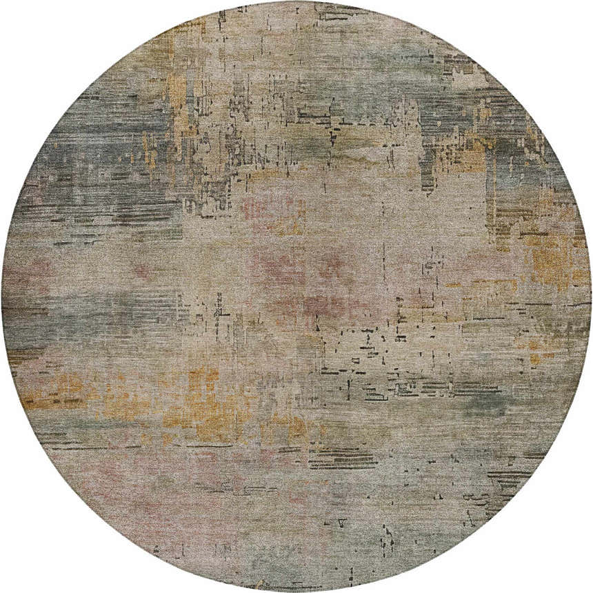 Round Dalyn Luxury Kochi KC15 Granite area rug with beige, gold, gray, ivory, and pink abstract pattern.