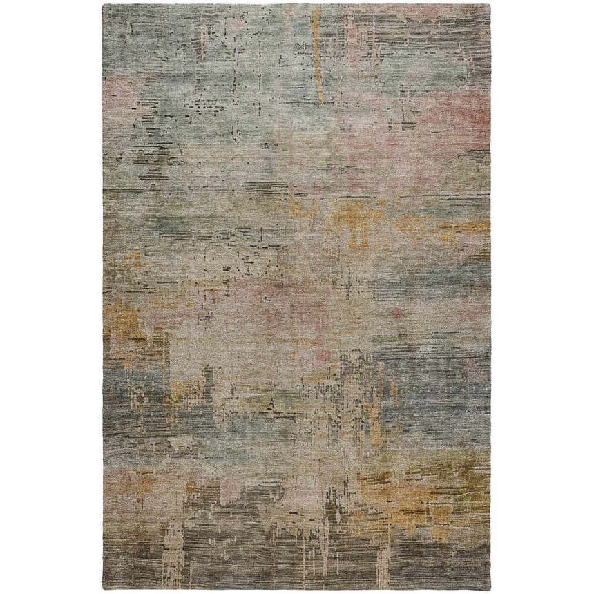 Close-up of the Dalyn Luxury Kochi KC15 Granite area rug. Features beige, gold, gray, ivory, and pink hues with a distressed pattern.