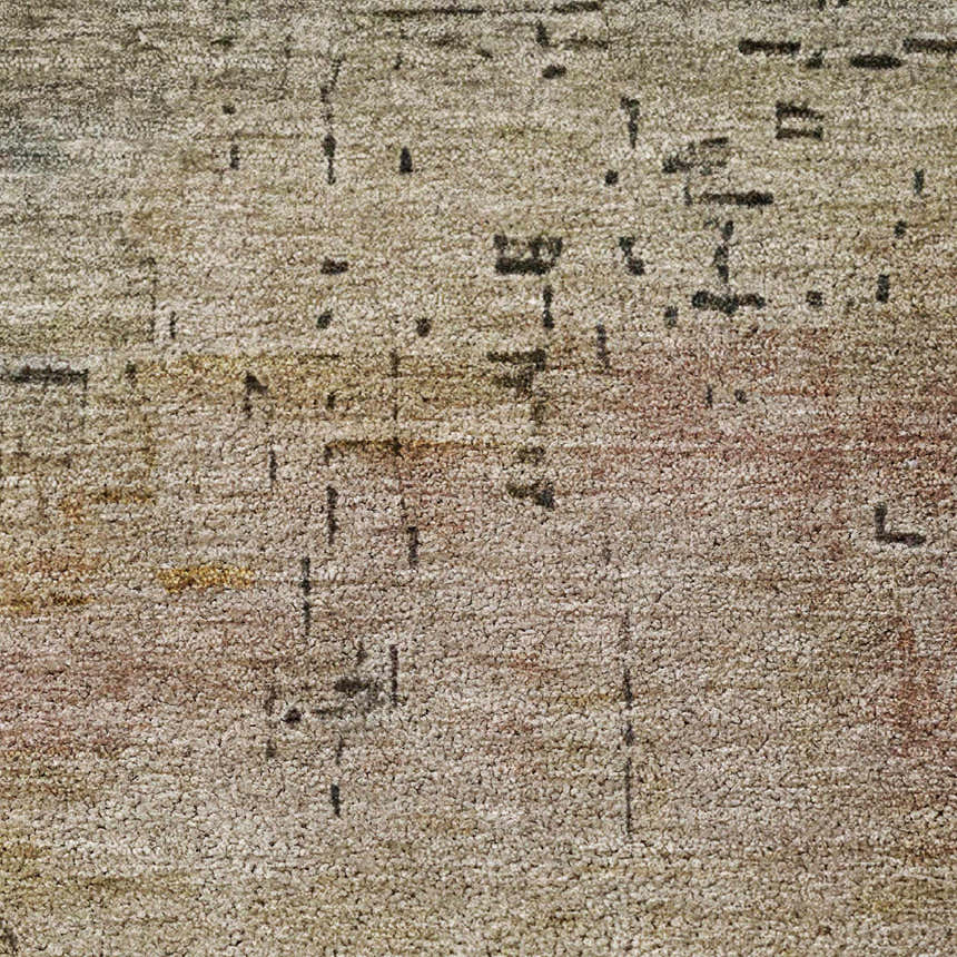 Close-up of the Dalyn Luxury Kochi KC15 Granite area rug. Beige, gold, gray, ivory, and pink tones with a subtle abstract pattern.