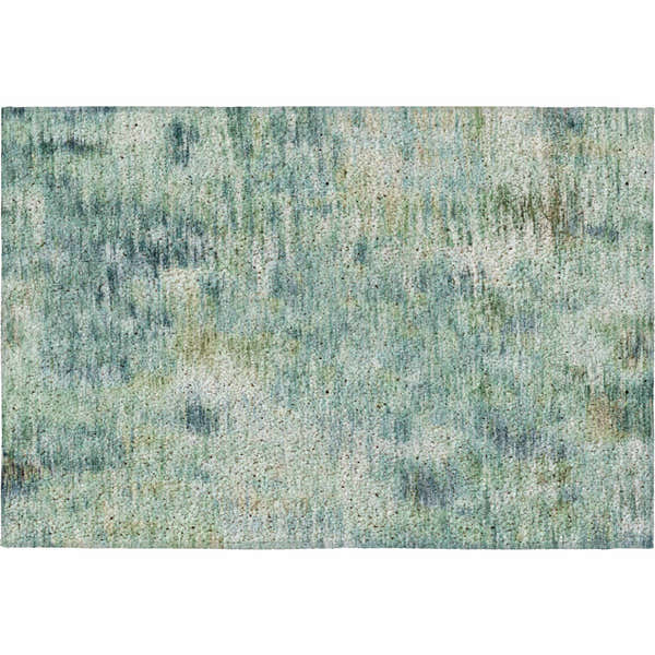 Close-up of Dalyn Luxury Kochi KC1 Teal rug. Features beige, chestnut, green, and navy hues in a textured, transitional design.