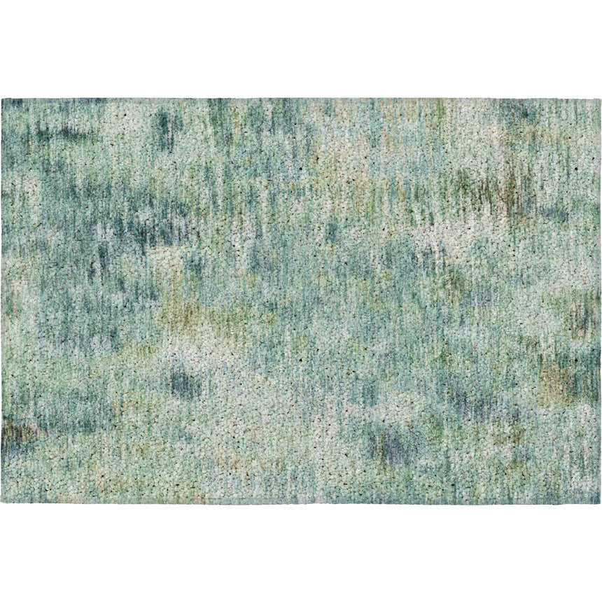 Close-up of Dalyn Luxury Kochi KC1 Teal rug. Features beige, chestnut, green, and navy hues in a textured, transitional design.