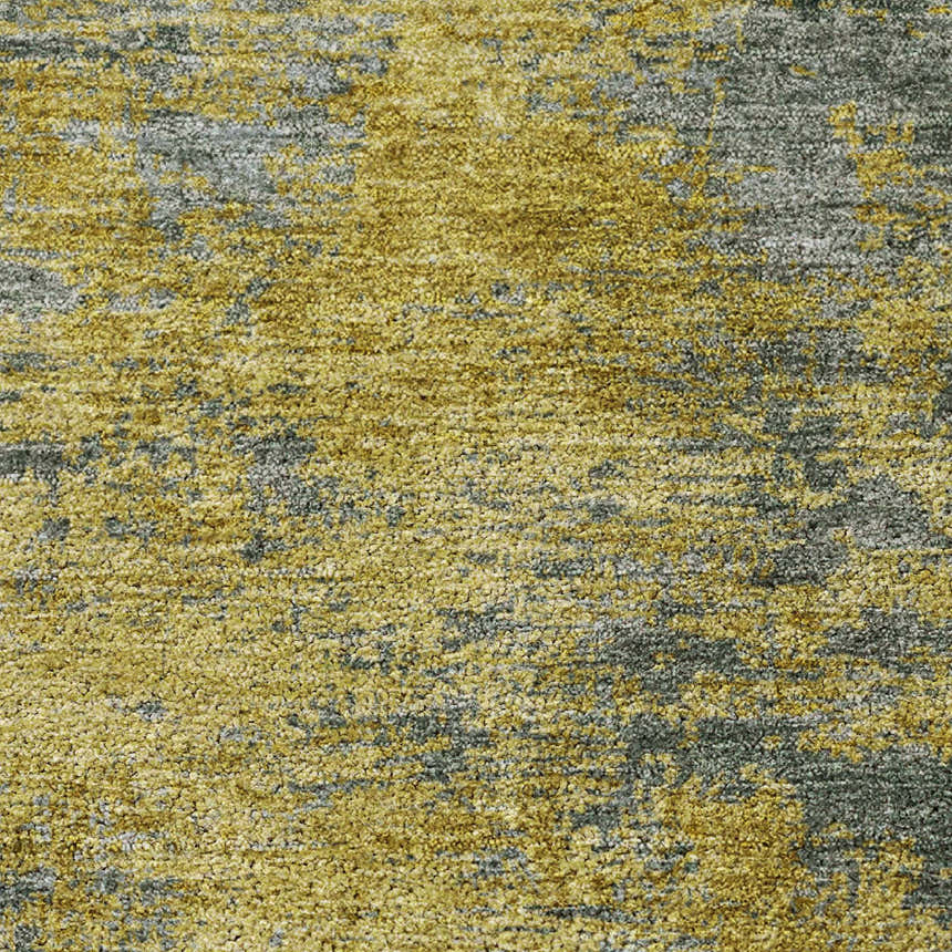Close-up of the Dalyn Luxury Kochi KC2 Gold Area Rug. Features a textured gold, taupe, and peach abstract design.