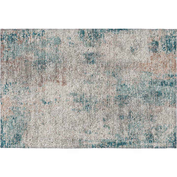 Close-up of Dalyn Luxury Kochi KC4 Teal Area Rug with chestnut, coral, sage, and silver gray abstract pattern.