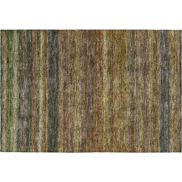 Close-up of the Dalyn Luxury Indoor/Outdoor Kochi KC5 Brown Area Rug. Features stripes in dark brown, gold, ivory, olive, and peach.