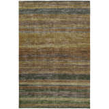 Close-up of the Dalyn Luxury Kochi KC5 Brown Area Rug featuring dark brown, gold, olive, and peach horizontal stripes.