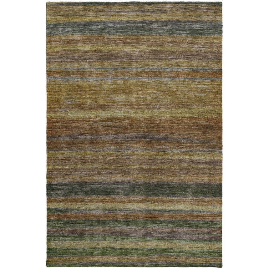 Close-up of the Dalyn Luxury Kochi KC5 Brown Area Rug featuring dark brown, gold, olive, and peach horizontal stripes.