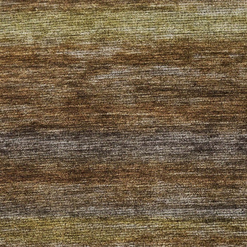 Close-up of the Dalyn Luxury Indoor/Outdoor Kochi KC5 Brown Area Rug. Features dark brown, gold, ivory, and olive hues.