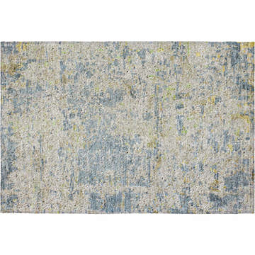 Close-up of Dalyn Luxury Kochi KC6 Blue Area Rug. Features chestnut, denim, gold, and lime green colors.