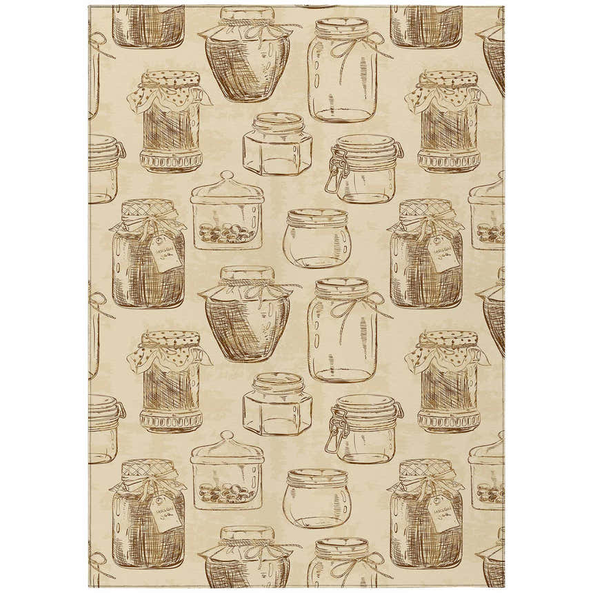 Close-up of Dalyn Kendall KE18 Parchment Washable Area Rug featuring a beige jar pattern.