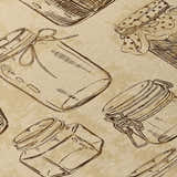 Close-up of Dalyn Kendall KE18 Parchment Washable Area Rug featuring a beige background and dark brown jar pattern.