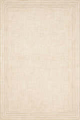 Close-up of the hand-tufted Kayoko Ivory Area Rug featuring a subtle grid pattern and a layered striped border. Design-Rectangle