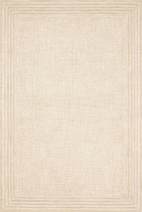 Close-up of the hand-tufted Kayoko Ivory Area Rug featuring a subtle grid pattern and a layered striped border. Design-Rectangle