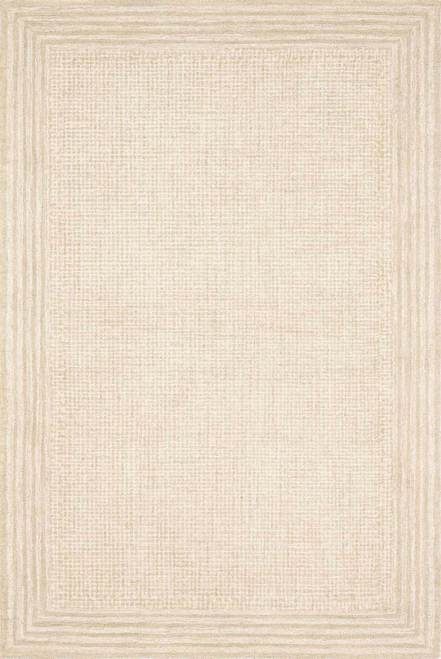 Close-up of the hand-tufted Kayoko Ivory Area Rug featuring a subtle grid pattern and a layered striped border. Design-Rectangle