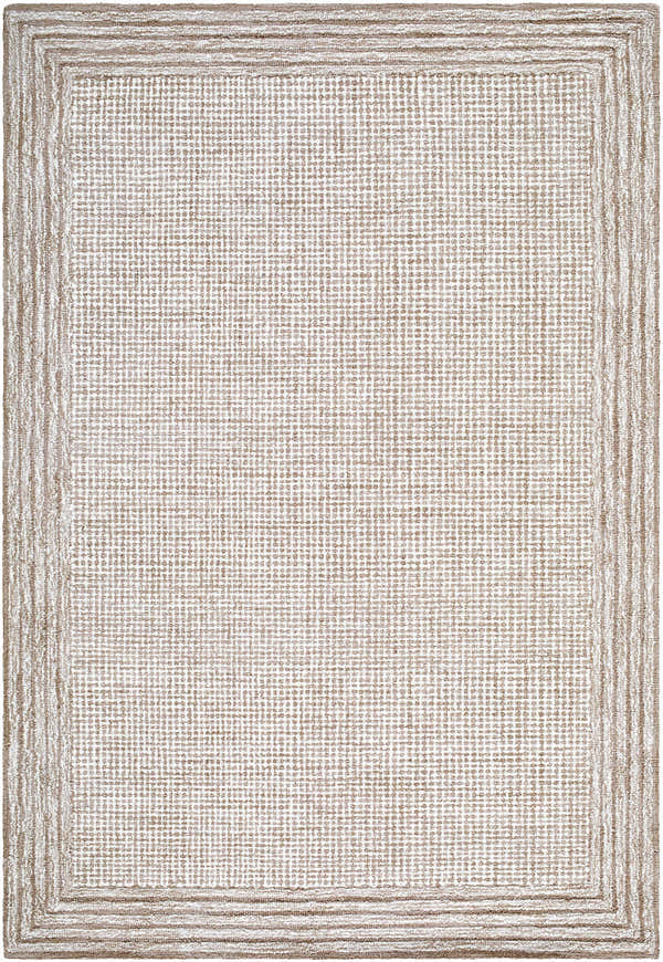 Close-up of the hand-tufted Kayoko Beige Area Rug. Features a subtle grid pattern and a light brown border. 100% Wool. Design-Rectangle-576