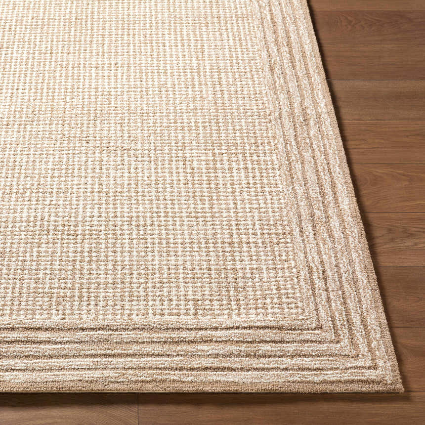 Close-up of Kayoko Beige Area Rug. Hand-tufted wool rug with a subtle geometric pattern and layered border on hardwood floor. Front