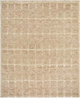 Close-up of the Keegan Area Rug. Hand-woven wool rug in beige, sandstone, and taupe with a textured, geometric pattern. Design-Rectangle-810